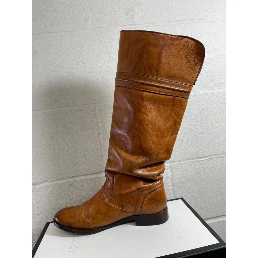 Frye‎ Melissa 76442 Trapunto Brown Leather Tall Riding Boots Pull On Women 7.5 B